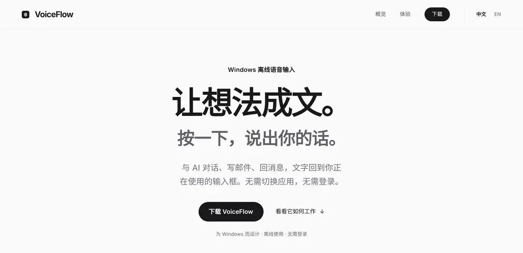VoiceFlow 的网站:让想法成文。按一下,说出你的话。
